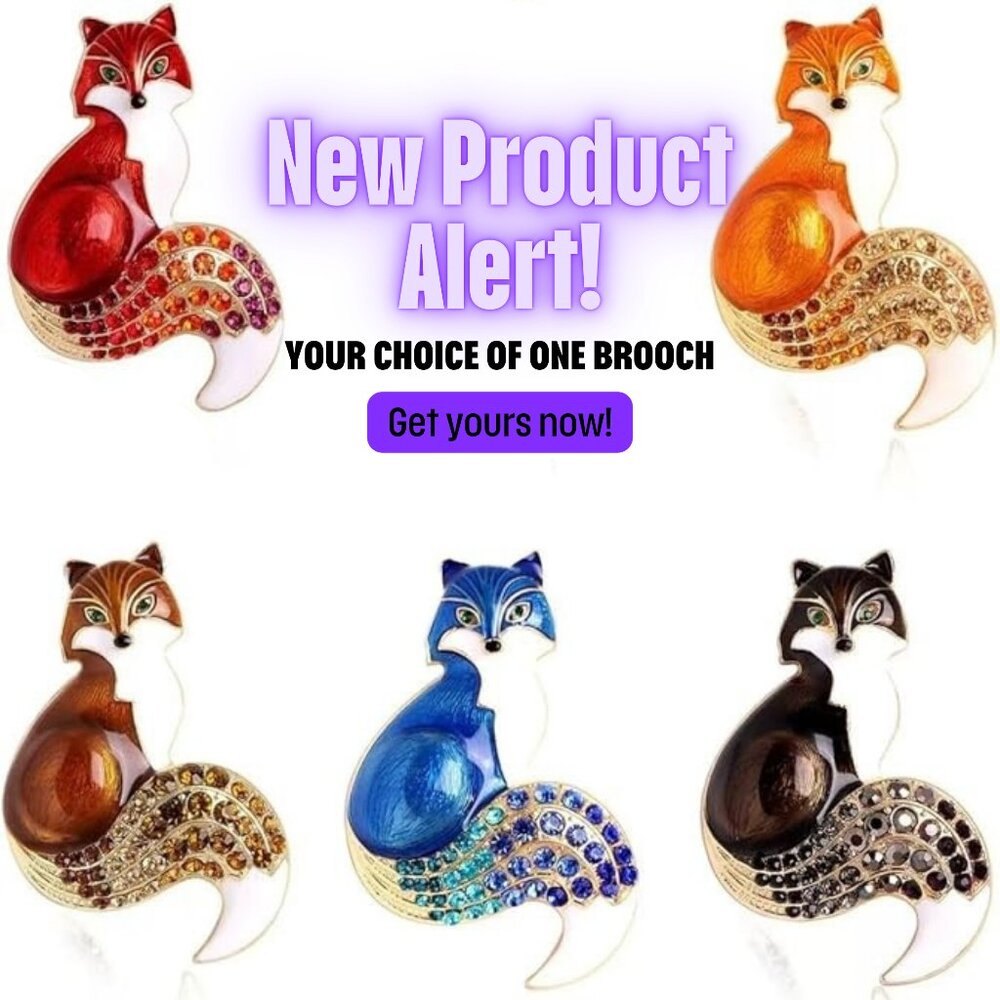 NWOT - Rhinestone Enamel Fox Brooches & 3D Floating Jewelry Display Case
